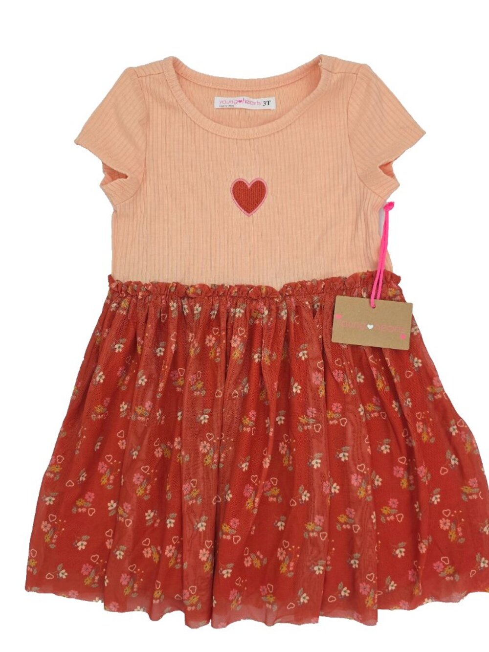 Young Hearts Fit Flare Tutu Dress Toddler Girls 3T Orange Short Sleeve Floral